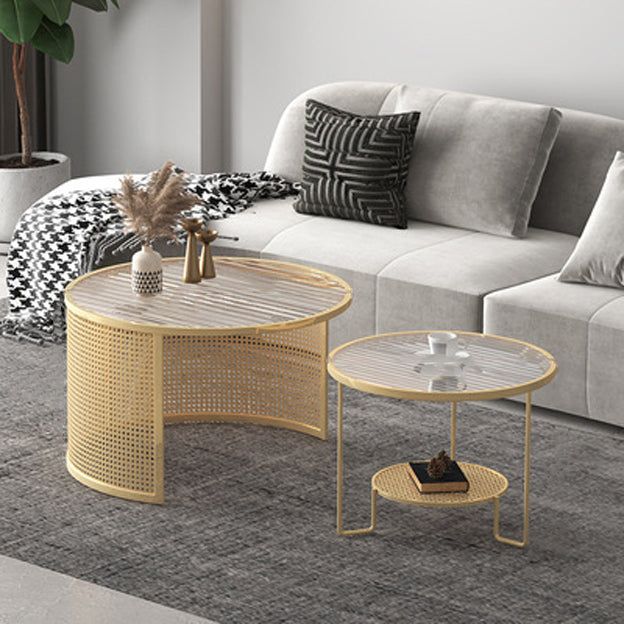 Contemporary Luxury Striped Glass Round Top Metal Frame Coffee Table For Living Room