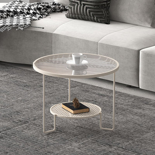 Mesa de centro contemporánea de lujo con tapa redonda de vidrio estriado y estructura de hierro para salón 