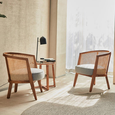Traditional Japanese Rattan Round Top Ash Wood Side Table For Living Room