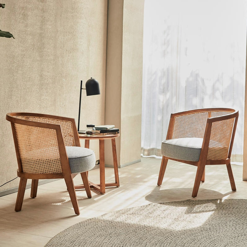 Traditional Japanese Rattan Round Top Ash Wood Side Table For Living Room