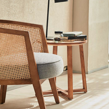 Traditional Japanese Rattan Round Top Ash Wood Side Table For Living Room