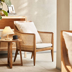 Traditional Japanese Rattan Round Top Ash Wood Side Table For Living Room