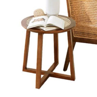 Traditional Japanese Faux Rattan Round Top Ash Wood Side Table For Living Room