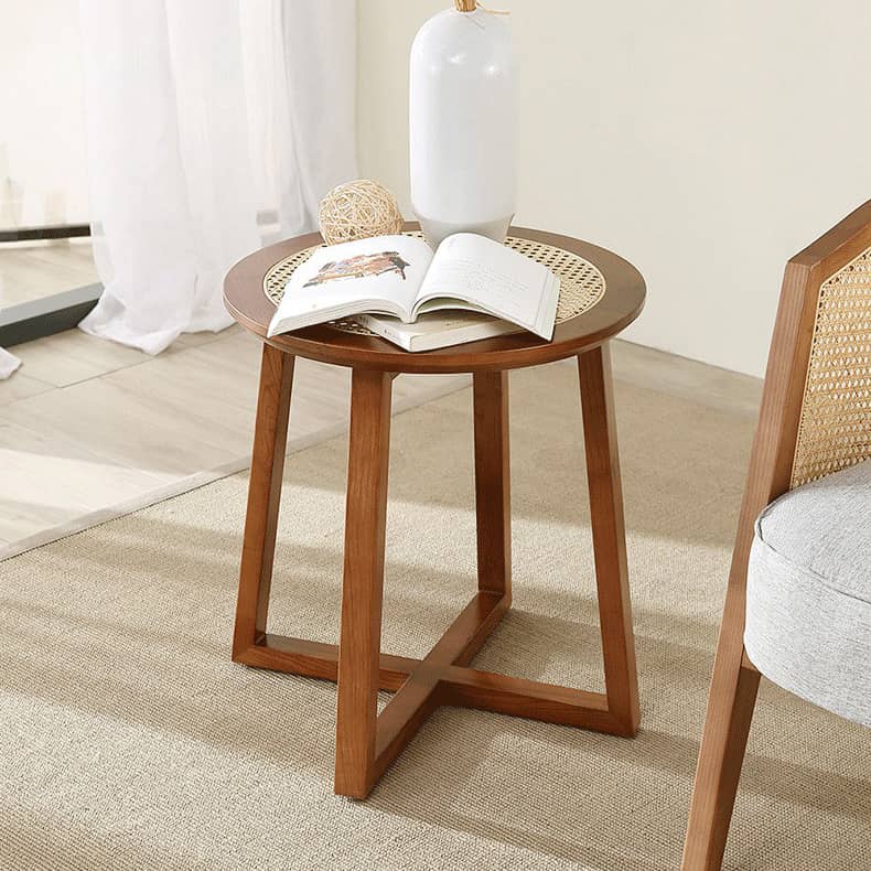 Traditional Japanese Rattan Round Top Ash Wood Side Table For Living Room
