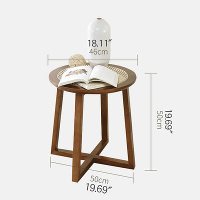 Traditional Japanese Rattan Round Top Ash Wood Side Table For Living Room
