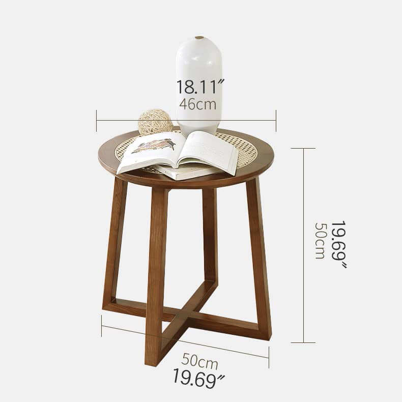 Traditional Japanese Rattan Round Top Ash Wood Side Table For Living Room