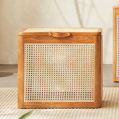 Traditional Japanese Rectangular Rattan Weaving Flip Top Solid Wood Frame End Table Storage Cabinet For Living Room