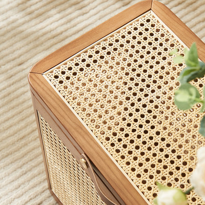 Traditional Japanese Rectangular Rattan Weaving Flip Top Solid Wood Frame End Table Storage Cabinet For Living Room