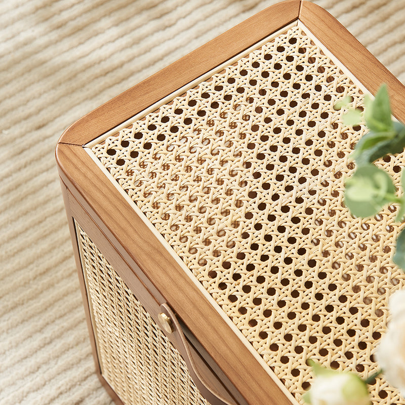 Traditional Japanese Rectangular Rattan Weaving Flip Top Solid Wood Frame End Table Storage Cabinet For Living Room