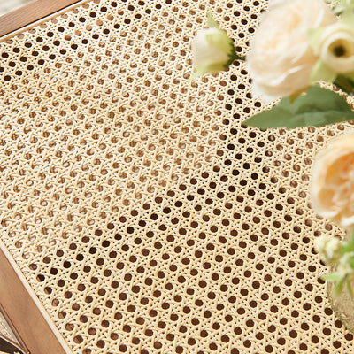 Traditional Japanese Rectangular Rattan Weaving Flip Top Solid Wood Frame End Table Storage Cabinet For Living Room