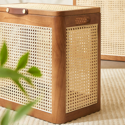 Traditional Japanese Rectangular Rattan Weaving Flip Top Solid Wood Frame End Table Storage Cabinet For Living Room