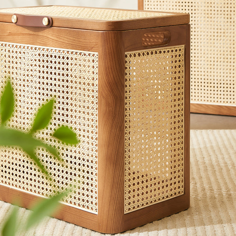 Traditional Japanese Rectangular Rattan Weaving Flip Top Solid Wood Frame End Table Storage Cabinet For Living Room