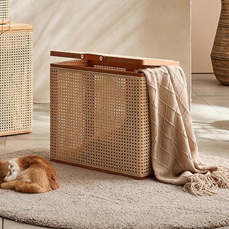 Traditional Japanese Rectangular Rattan Weaving Flip Top Solid Wood Frame End Table Storage Cabinet For Living Room
