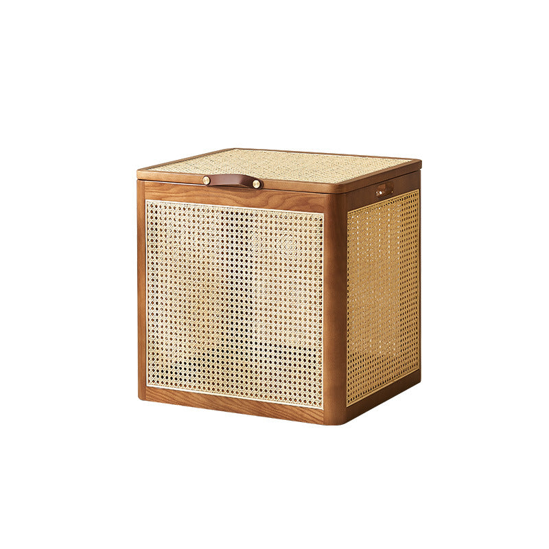 Traditional Japanese Rectangular Rattan Weaving Flip Top Solid Wood Frame End Table Storage Cabinet For Living Room