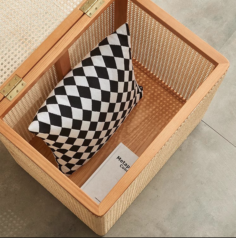 Traditional Japanese Rectangular Rattan Weaving Flip Top Solid Wood Frame End Table Storage Cabinet For Living Room