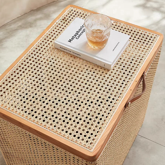 Traditional Japanese Rectangular Rattan Weaving Flip Top Solid Wood Frame End Table Storage Cabinet For Living Room