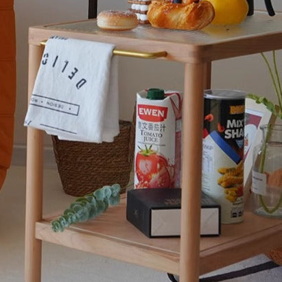Zeitgenössischer Retro-Rechteckiger Glastisch mit Massivholzrahmen, 2-stufige Rollen für das Wohnzimmer 