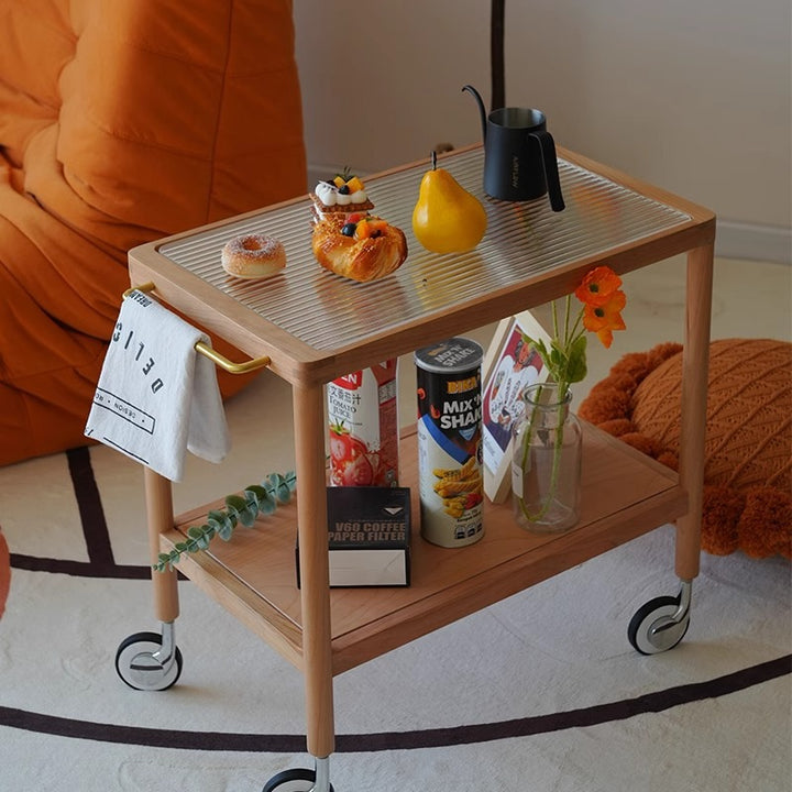 Contemporary Retro Rectangular Glass Top Pine Frame End Table 2-Tier Casters For Living Room