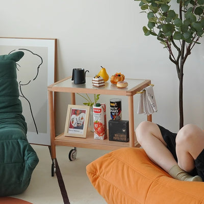 Zeitgenössischer Retro-Rechteckiger Glastisch mit Massivholzrahmen, 2-stufige Rollen für das Wohnzimmer 