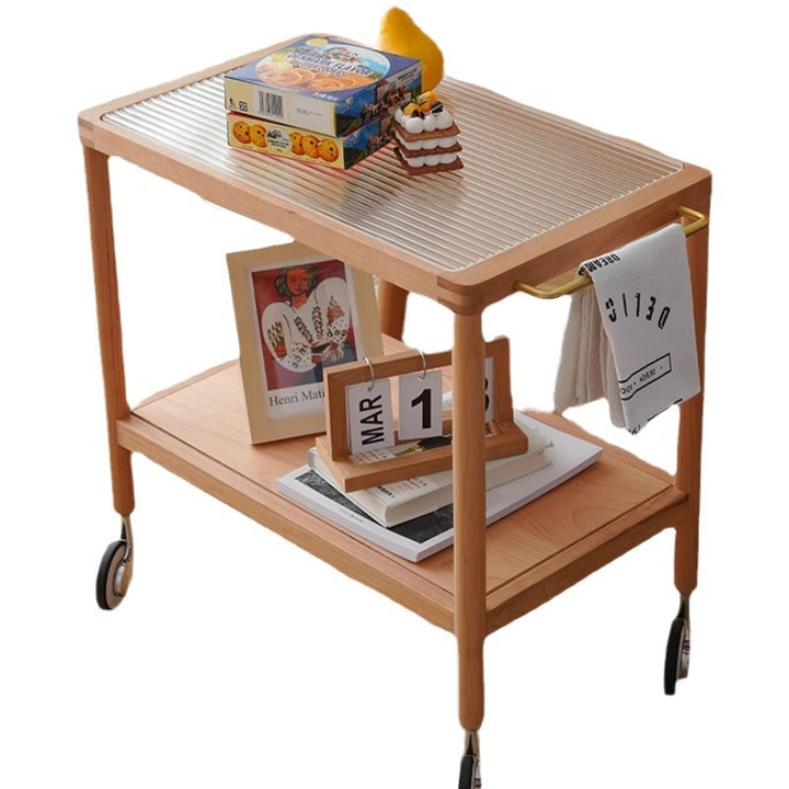Contemporary Retro Rectangular Glass Top Pine Frame End Table 2-Tier Casters For Living Room