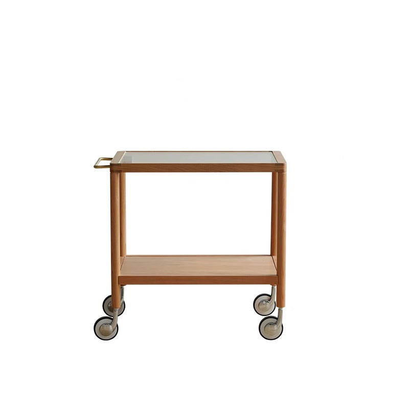 Contemporary Retro Rectangular Glass Top Pine Frame End Table 2-Tier Casters For Living Room