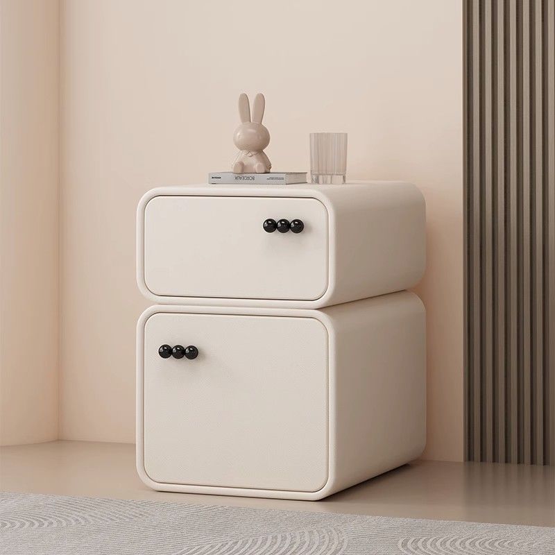 Contemporary Scandinavian Rectangular Solid Wood Microfiber Leather Veneered Nightstand 2-Drawer For Bedroom