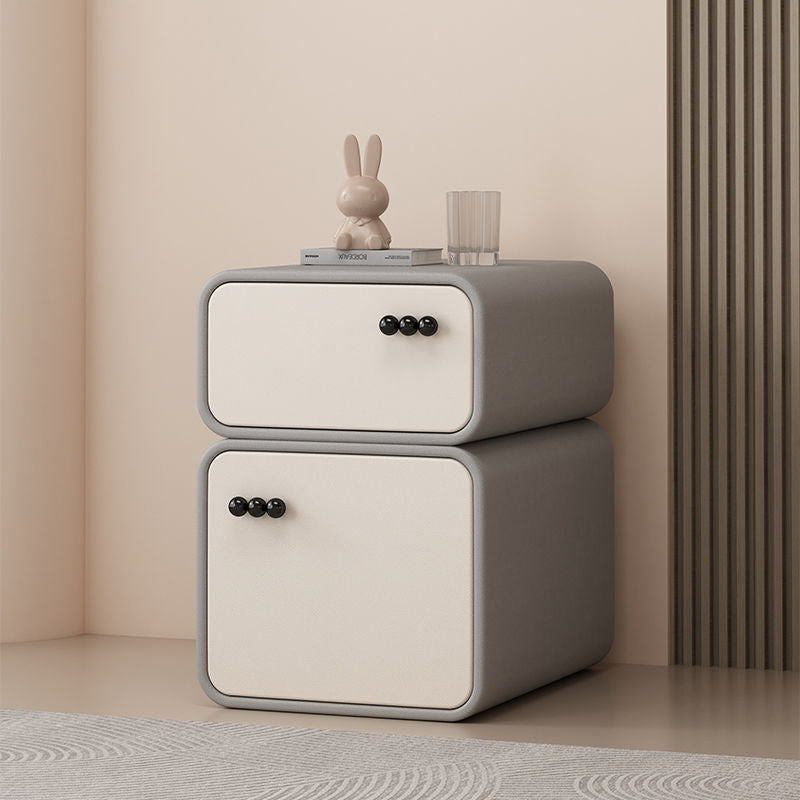 Contemporary Scandinavian Rectangular Solid Wood Microfiber Leather Veneered Nightstand 2-Drawer For Bedroom