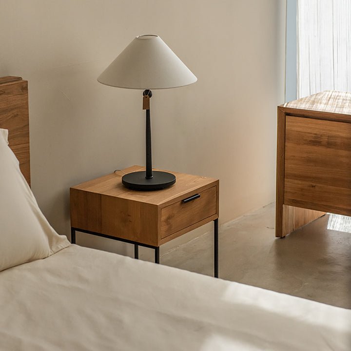 Mesita de noche rectangular tradicional japonesa de madera de olmo con base de hierro y 1 cajón para dormitorio 