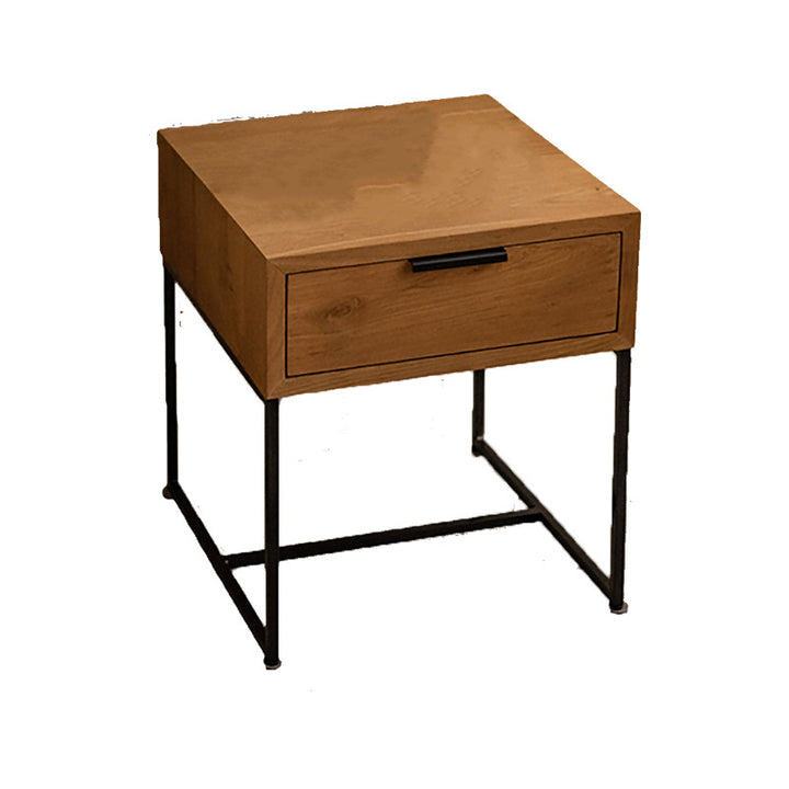 Mesita de noche rectangular tradicional japonesa de madera de olmo con base de hierro y 1 cajón para dormitorio 