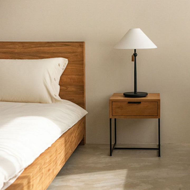 Mesita de noche rectangular tradicional japonesa de madera de olmo con base de hierro y 1 cajón para dormitorio 