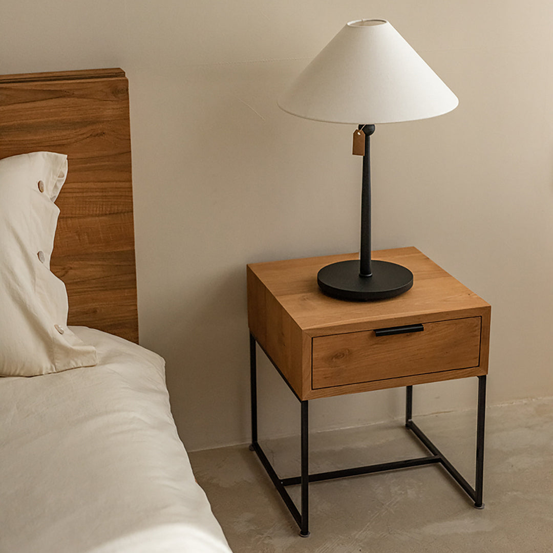 Mesita de noche rectangular tradicional japonesa de madera de olmo con base de hierro y 1 cajón para dormitorio 