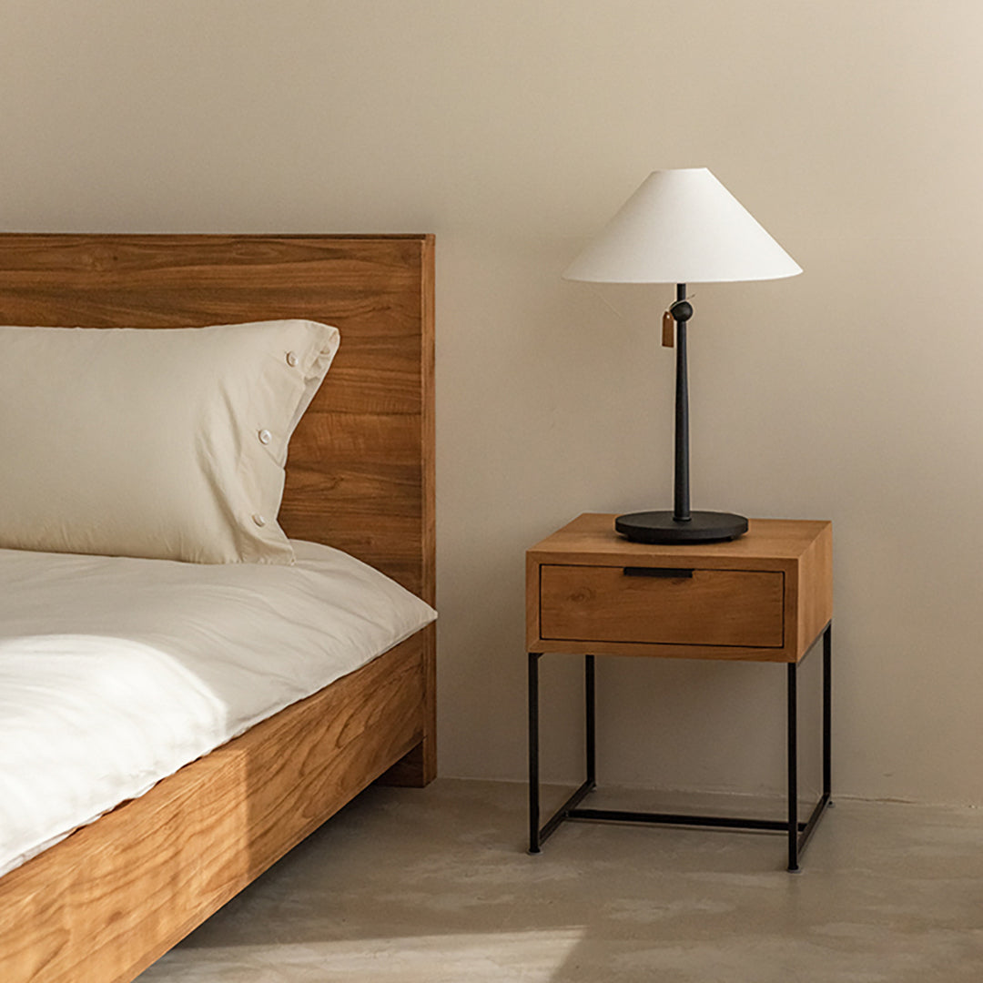 Mesita de noche rectangular tradicional japonesa de madera de olmo con base de hierro y 1 cajón para dormitorio 