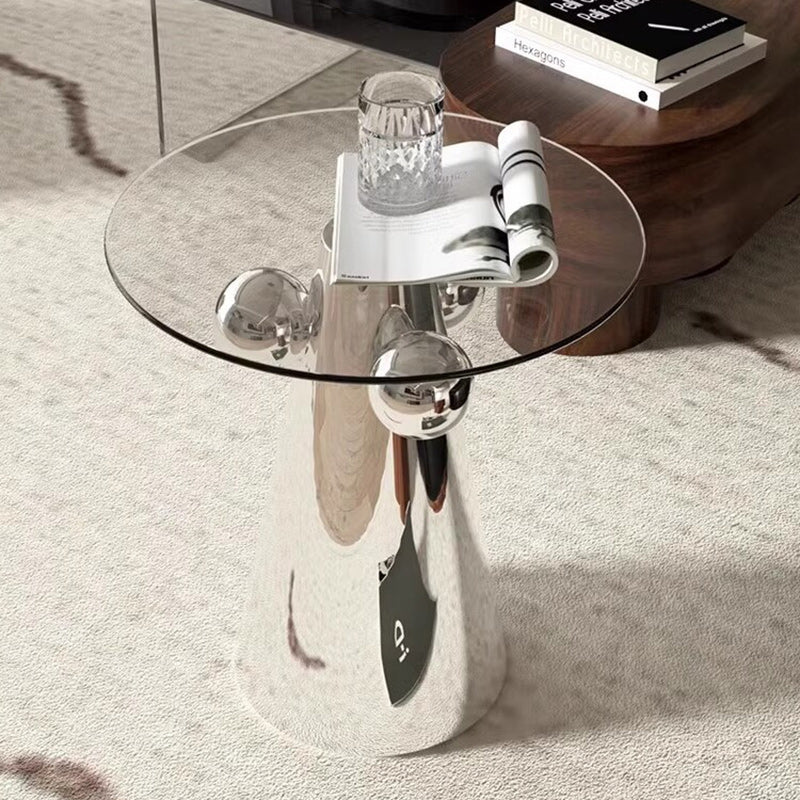 Zeitgenössischer nordischer geometrischer runder Glastisch mit Edelstahl für das Wohnzimmer 