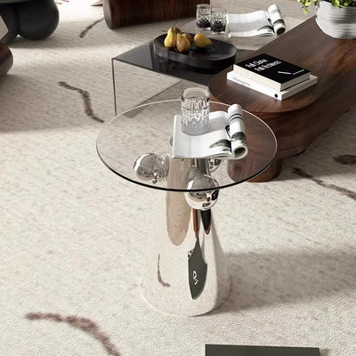 Zeitgenössischer nordischer geometrischer runder Glastisch mit Edelstahl für das Wohnzimmer 