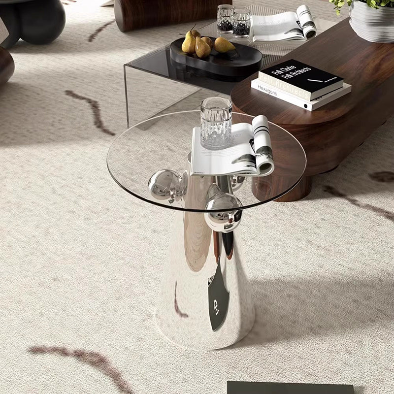 Zeitgenössischer nordischer geometrischer runder Glastisch mit Edelstahl für das Wohnzimmer 