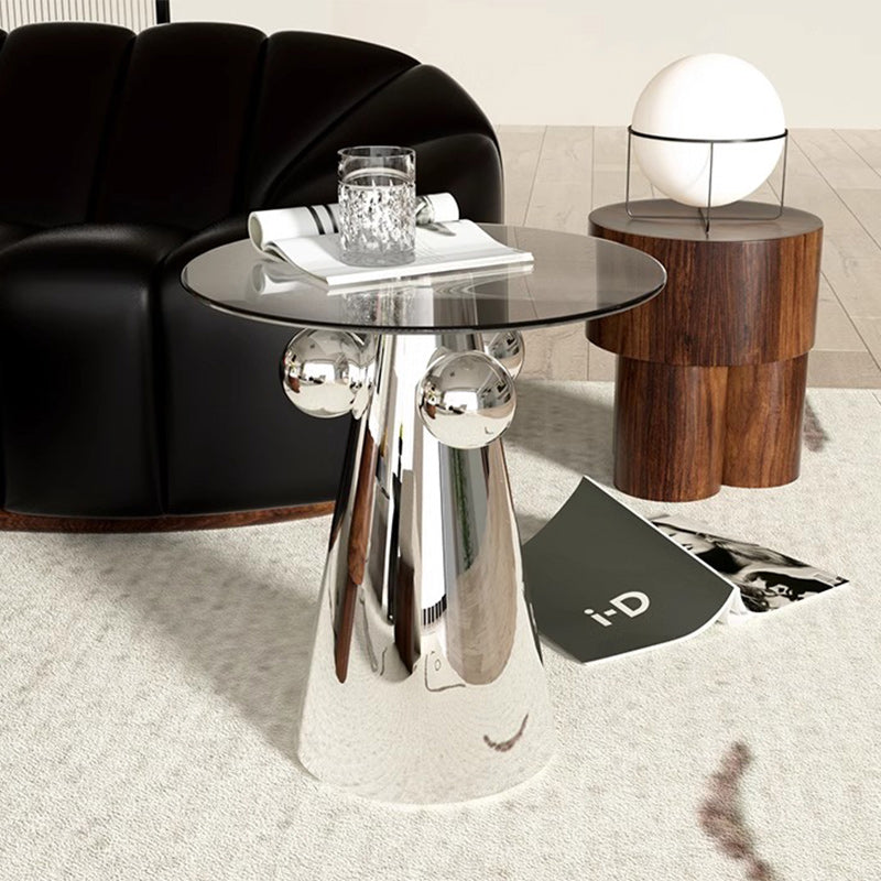 Zeitgenössischer nordischer geometrischer runder Glastisch mit Edelstahl für das Wohnzimmer 