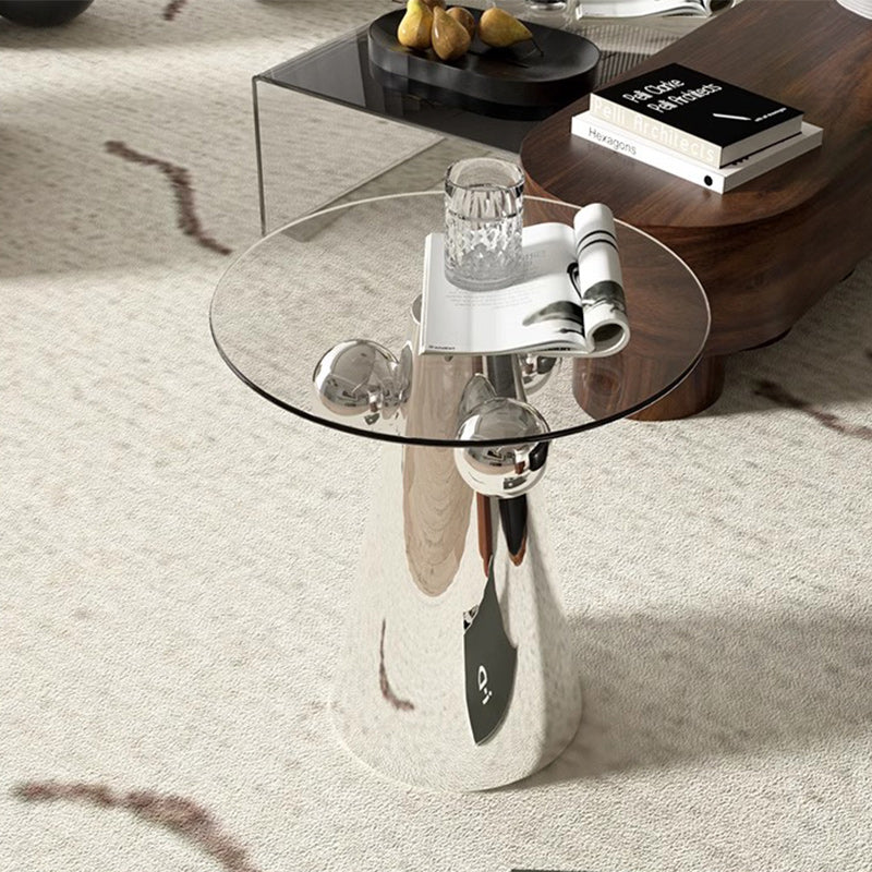 Zeitgenössischer nordischer geometrischer runder Glastisch mit Edelstahl für das Wohnzimmer 
