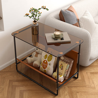 Contemporary Simplicity Rectangular Glass Top Metal Frame End Table 2-Tier For Living Room