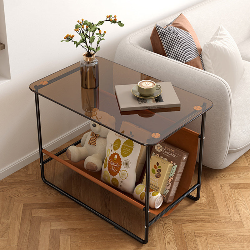 Contemporary Simplicity Rectangular Glass Top Metal Frame End Table 2-Tier For Living Room