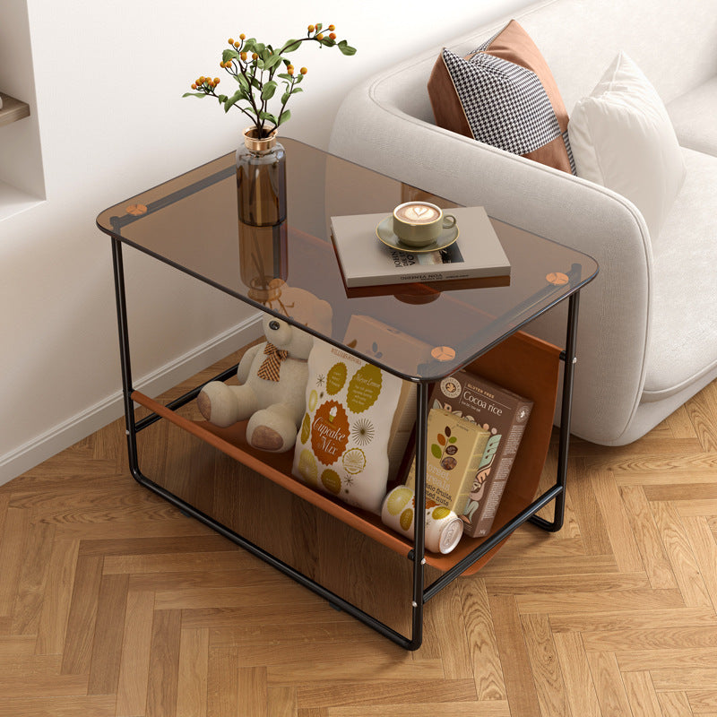 Contemporary Simplicity Rectangular Glass Top Metal Frame End Table 2-Tier For Living Room