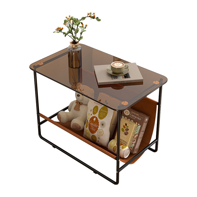 Contemporary Simplicity Rectangular Glass Top Metal Frame End Table 2-Tier For Living Room
