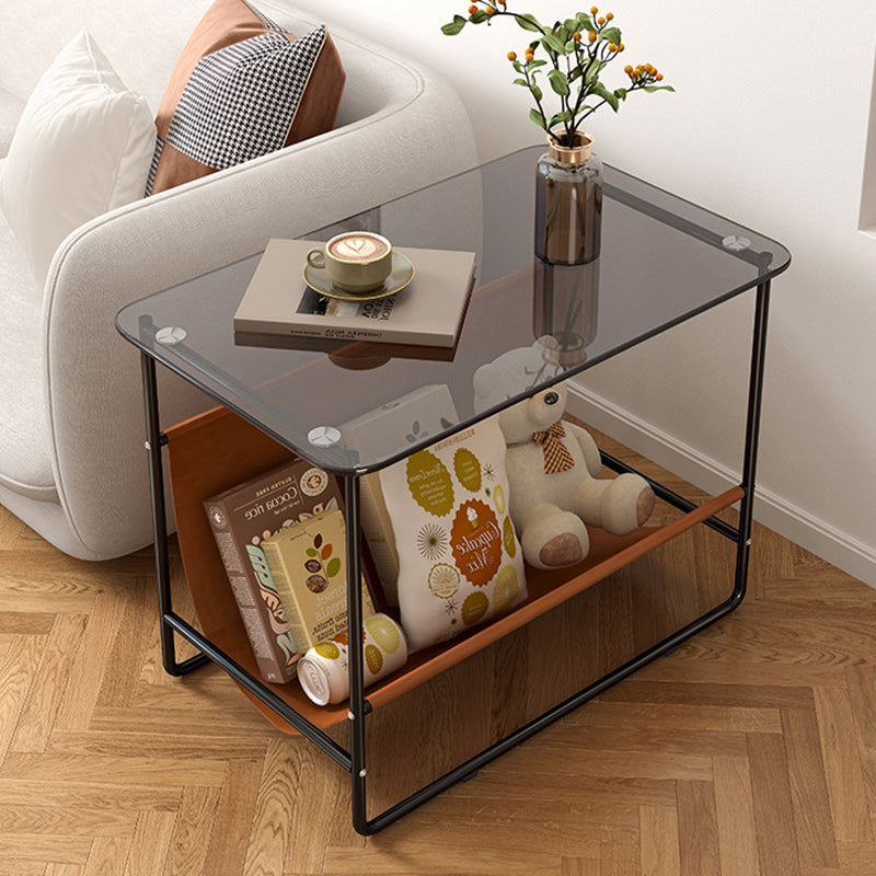 Contemporary Simplicity Rectangular Glass Top Metal Frame End Table 2-Tier For Living Room