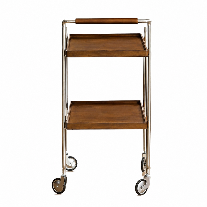 Zeitgenössischer Retro-Rechteckiger Beistelltisch aus Kautschukholz mit Tablettplatte, 2 Ebenen, rollender Wagen für das Wohnzimmer 