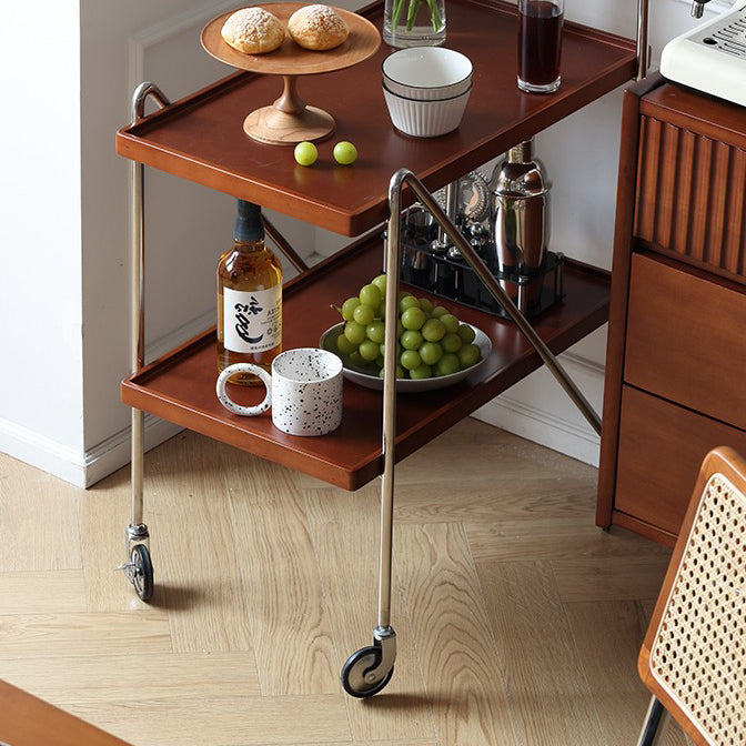 Contemporary Retro Rectangular Solid Wood Tray Top End Table 2-Tier Rolling Cart For Living Room