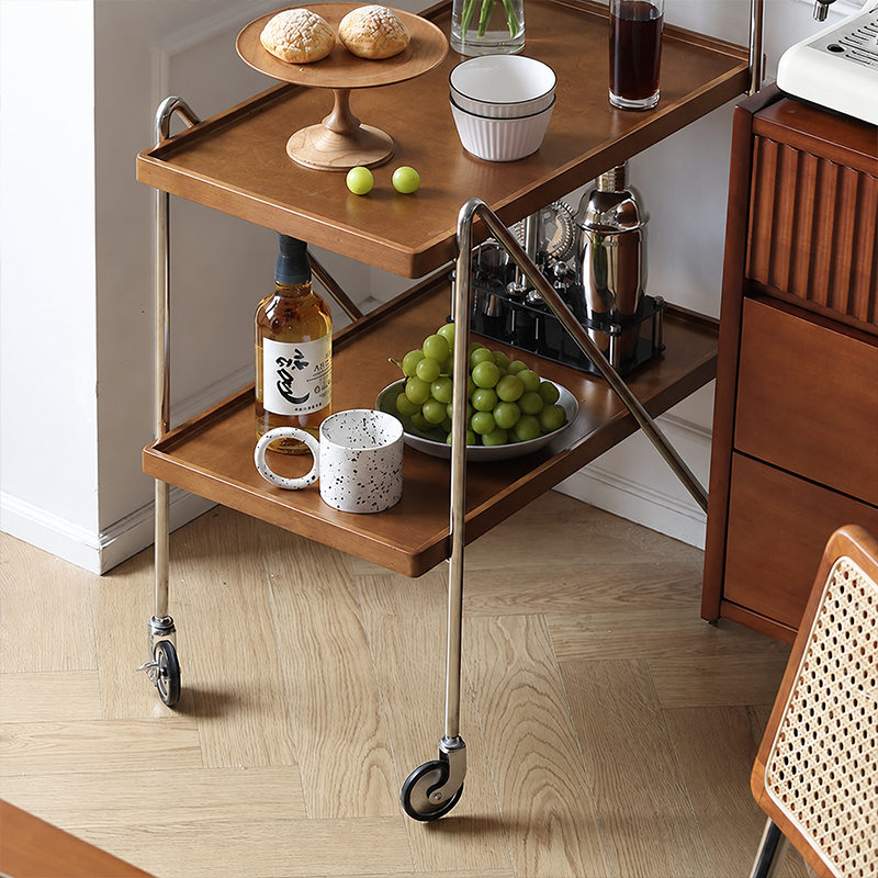 Zeitgenössischer Retro-Rechteckiger Beistelltisch aus Kautschukholz mit Tablettplatte, 2 Ebenen, rollender Wagen für das Wohnzimmer 