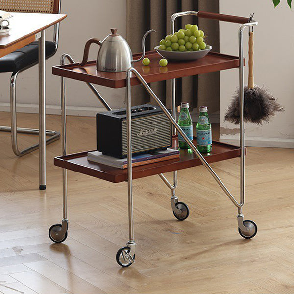 Contemporary Retro Rectangular Solid Wood Tray Top End Table 2-Tier Rolling Cart For Living Room