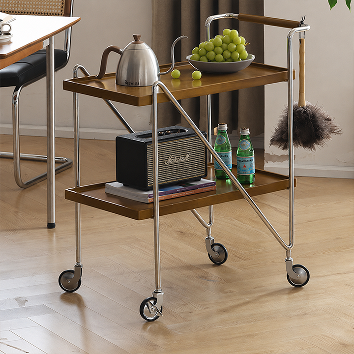 Zeitgenössischer Retro-Rechteckiger Beistelltisch aus Kautschukholz mit Tablettplatte, 2 Ebenen, rollender Wagen für das Wohnzimmer 