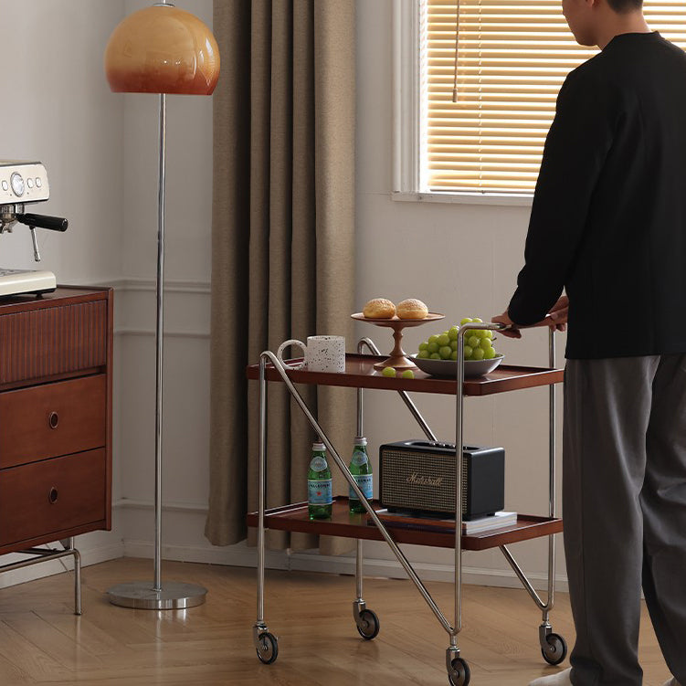 Contemporary Retro Rectangular Solid Wood Tray Top End Table 2-Tier Rolling Cart For Living Room