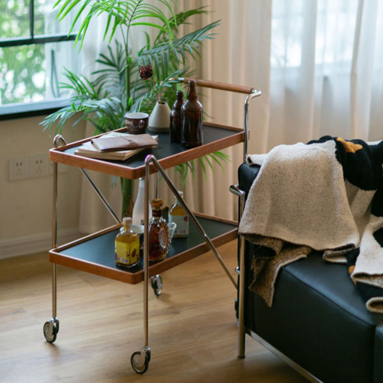 Contemporary Retro Rectangular Solid Wood Tray Top End Table 2-Tier Rolling Cart For Living Room