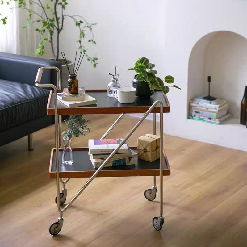 Contemporary Retro Rectangular Solid Wood Tray Top End Table 2-Tier Rolling Cart For Living Room